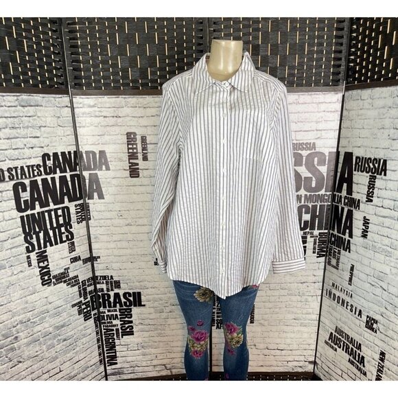 Torrid 1 Vanilla Slate Blue Vertical Striped Button Collar Long Sleeve Shirt - Picture 1 of 5